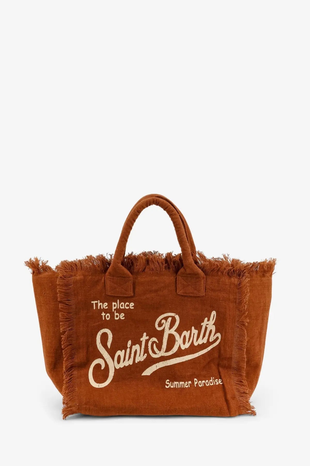 A rust-colored canvas linen shoulder tote bag with frayed edges and white embroidered saint barth summer text