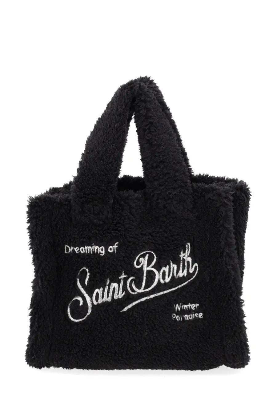 Mc2 Saint Barth women’s black plush teddy bear-style mini tote bag with white embroidered dreaming of Saint Barth text