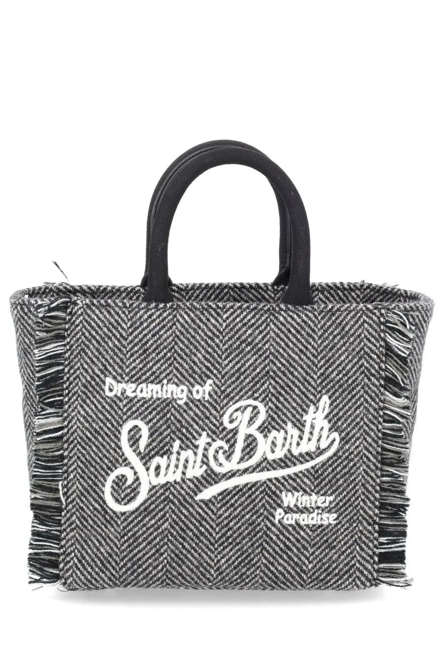Mc2 Saint Barth women’s vanity mini tote bag black with black and white herringbone fabric embroidered text and black handles