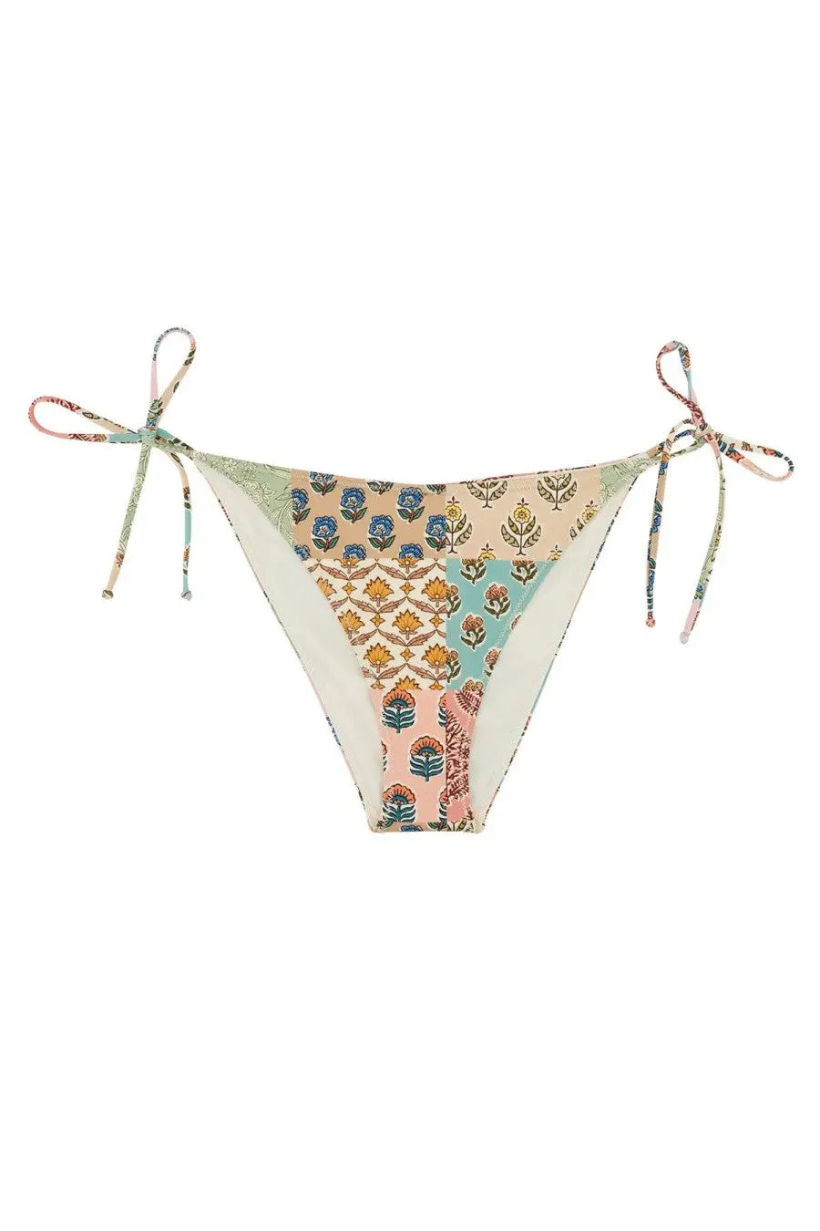 Mc2 Saint Barth women’s Virgo bikini bottoms multicolor patchwork with floral geometric patterns and tied side ties