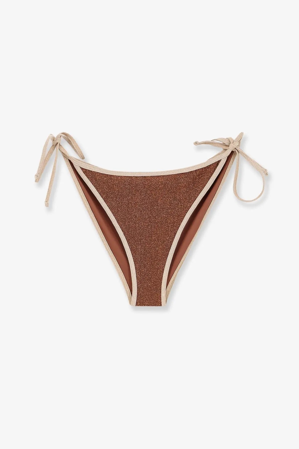 Brown glittery lurex bikini bottom with beige trim and side ties from mc2 saint barth women’s virgo string bikini slip