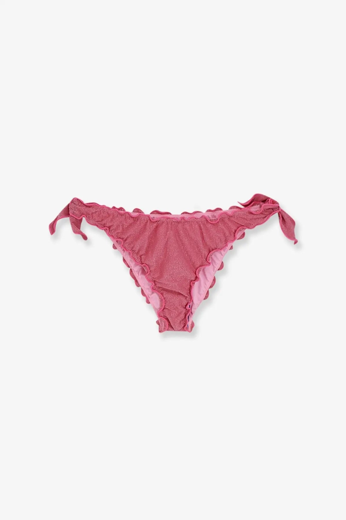 Pink ruffled Mc2 Saint Barth women’s viscose blend Moon bikini bottom with tied side ties and Lurex detailing