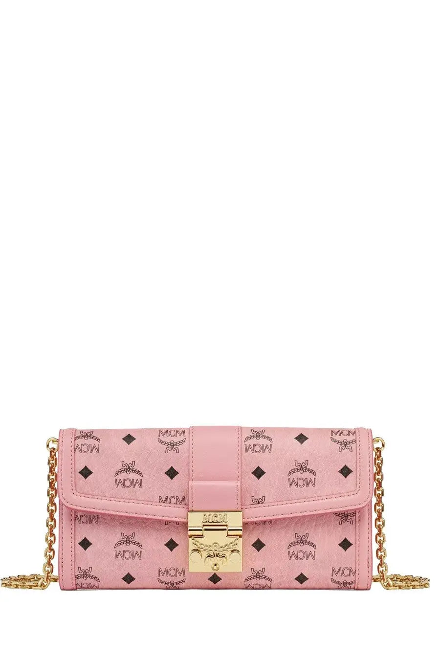 Pink mcm clutch with gold-tone chain strap and signature logo pattern for women