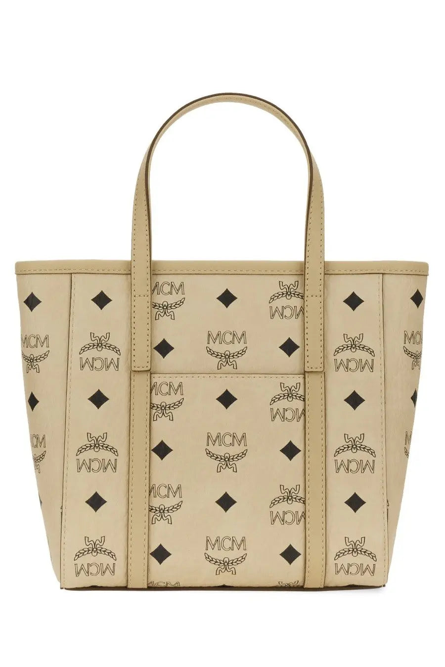 Beige mcm women’s borsa shopper toni mini tote bag with black logo and diamond pattern