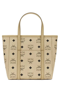 Beige mcm women’s borsa shopper toni mini tote bag with black logo and diamond pattern
