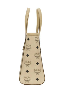 Beige Mcm women’s Borsa Shopper Toni Mini tote bag with black logo and diamond pattern in leather material