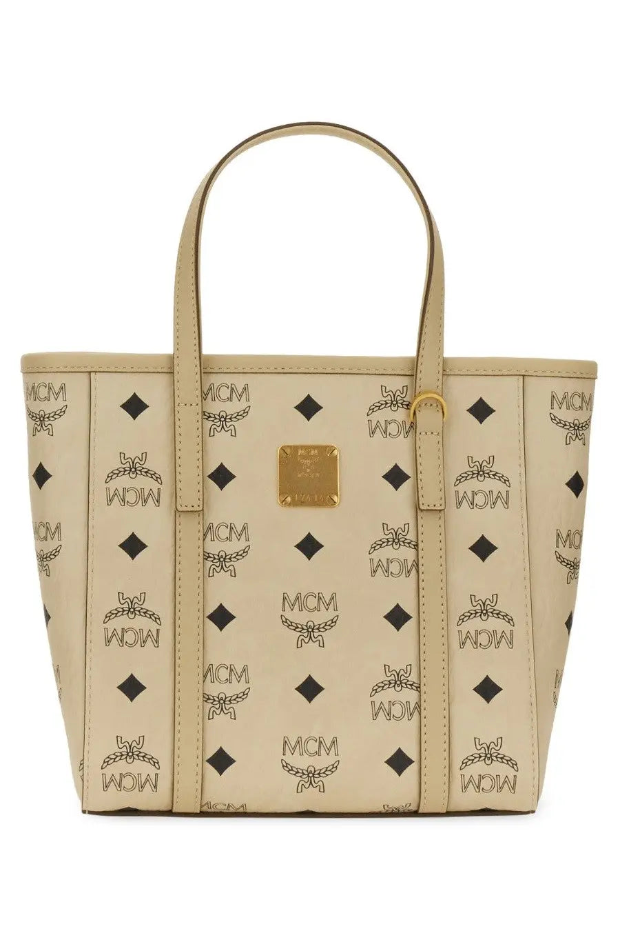 Beige mcm women’s borsa shopper toni mini tote bag with repeating black logo and diamond pattern gold-tone hardware
