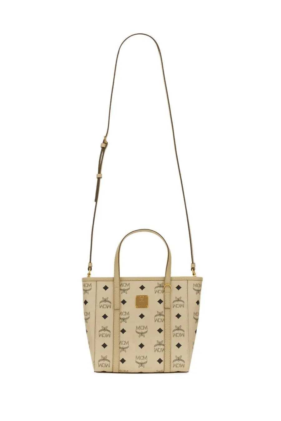 Beige mcm women’s borsa shopper toni mini tote bag with repeating gold toned logo pattern and matching handles