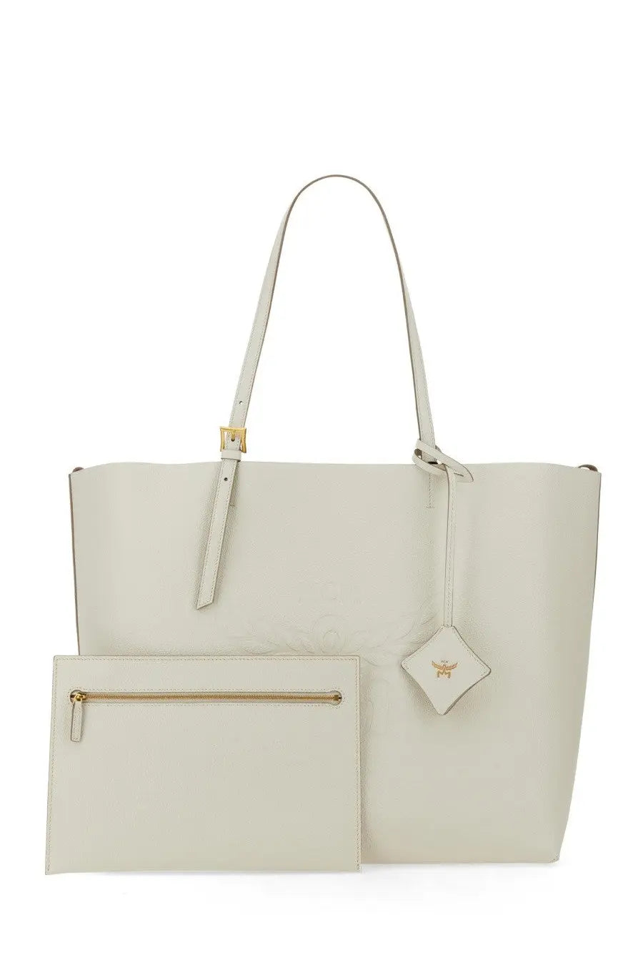 Cream-colored leather mcm womens shopping bag himmel large white tote with gold-tone hardware and matching pouch