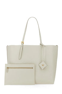 Cream-colored leather mcm womens shopping bag himmel large white tote with gold-tone hardware and matching pouch