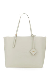 A sleek off-white leather mcm womens shopping tote bag with gold-tone hardware and diamond-shaped logo tag