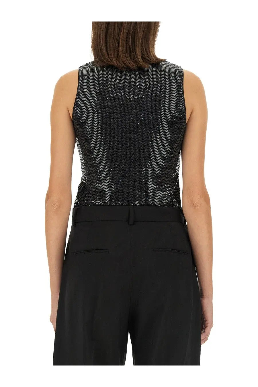 Mcm women’s tank top black featuring a black sequined sleeveless design with a high neckline and subtle shimmer