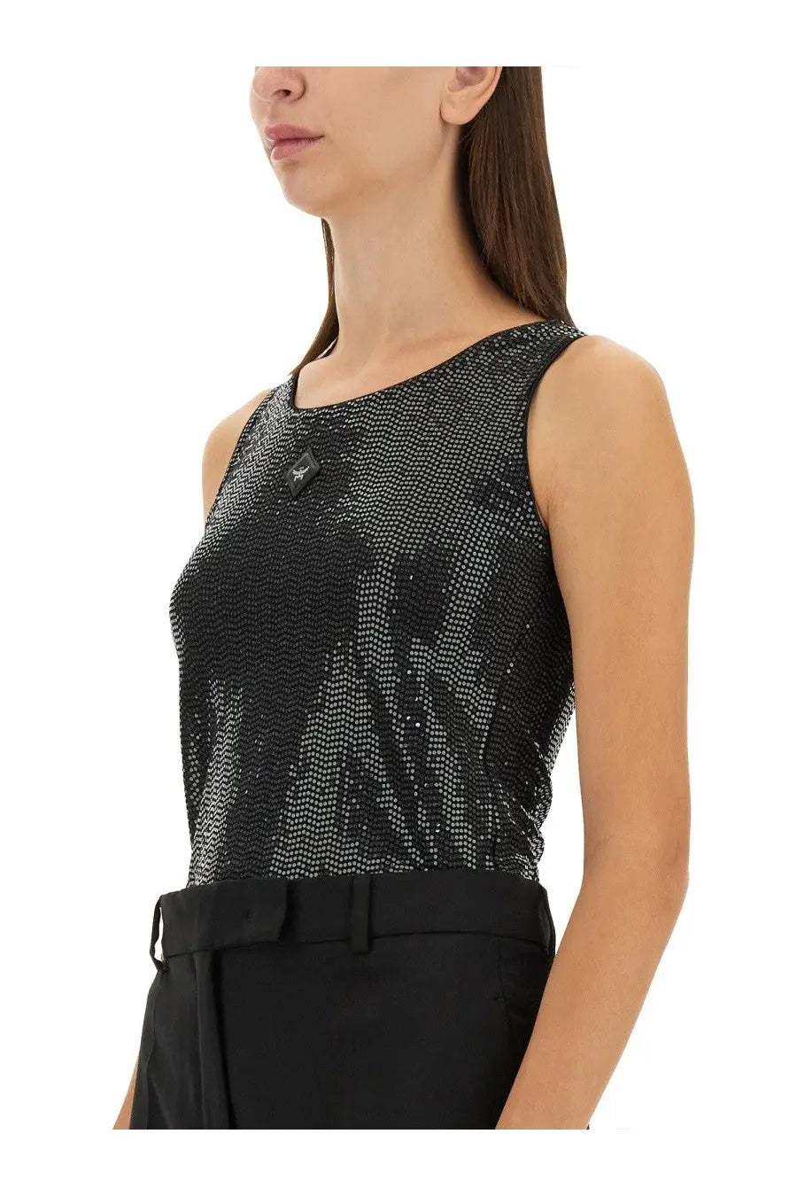 Mcm women’s black sleeveless tank top with black sequins, subtle shimmer pattern, and logo patch at neckline