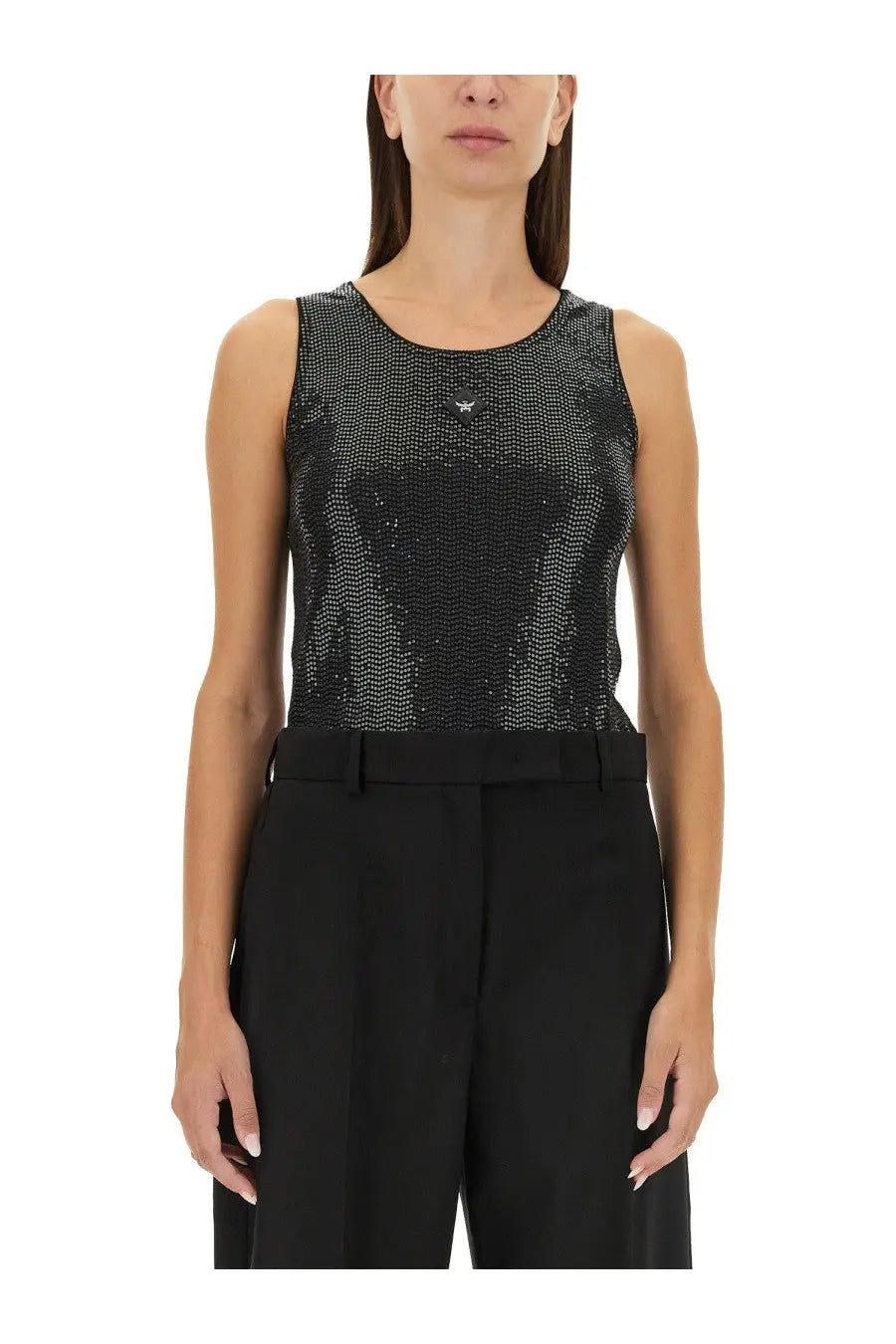 Mcm women’s tank top black featuring a black sequined sleeveless design with subtle texture and logo emblem at neckline