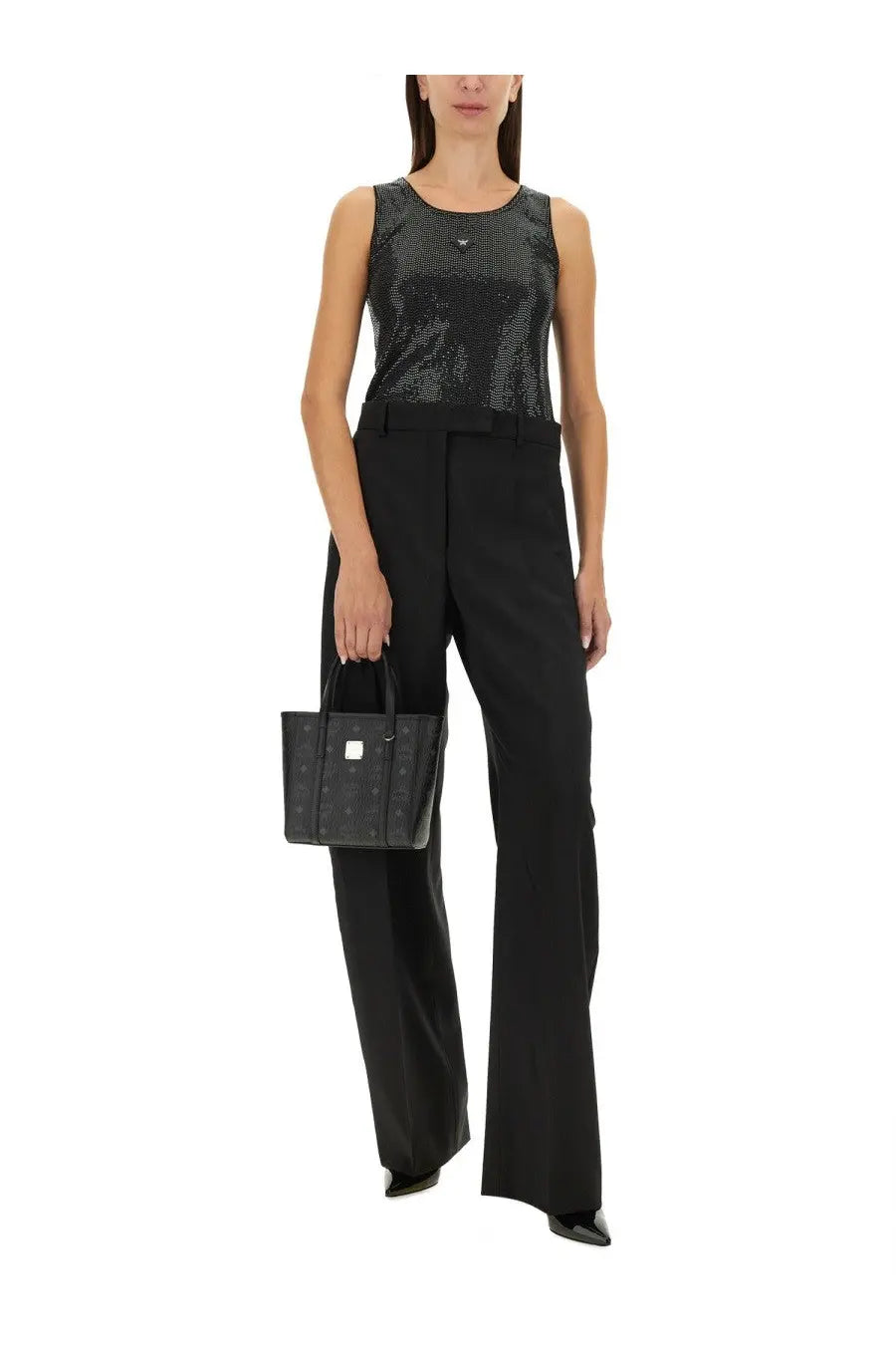Black mcm tote bag with signature monogram pattern and silver-tone hardware perfect for everyday use