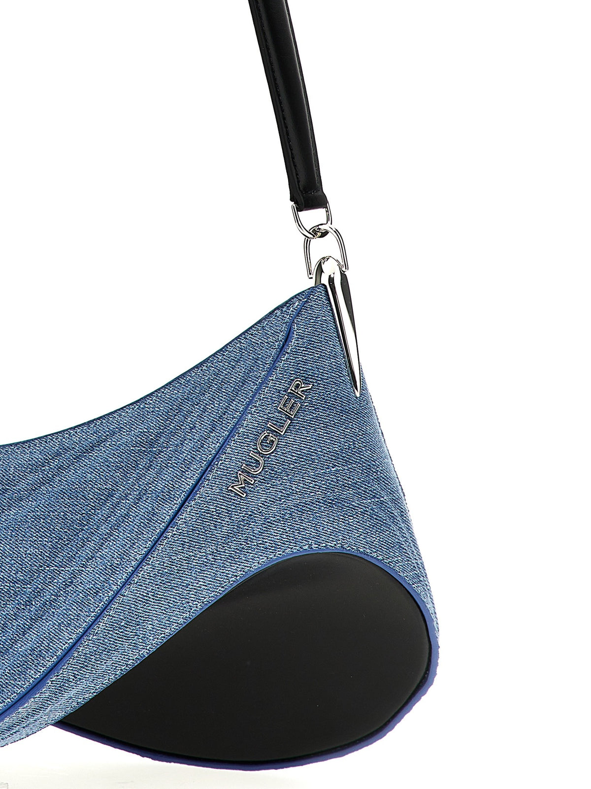 MUGLER Medium Denim Spiral Curve Shoulder Bag Blue, view 3