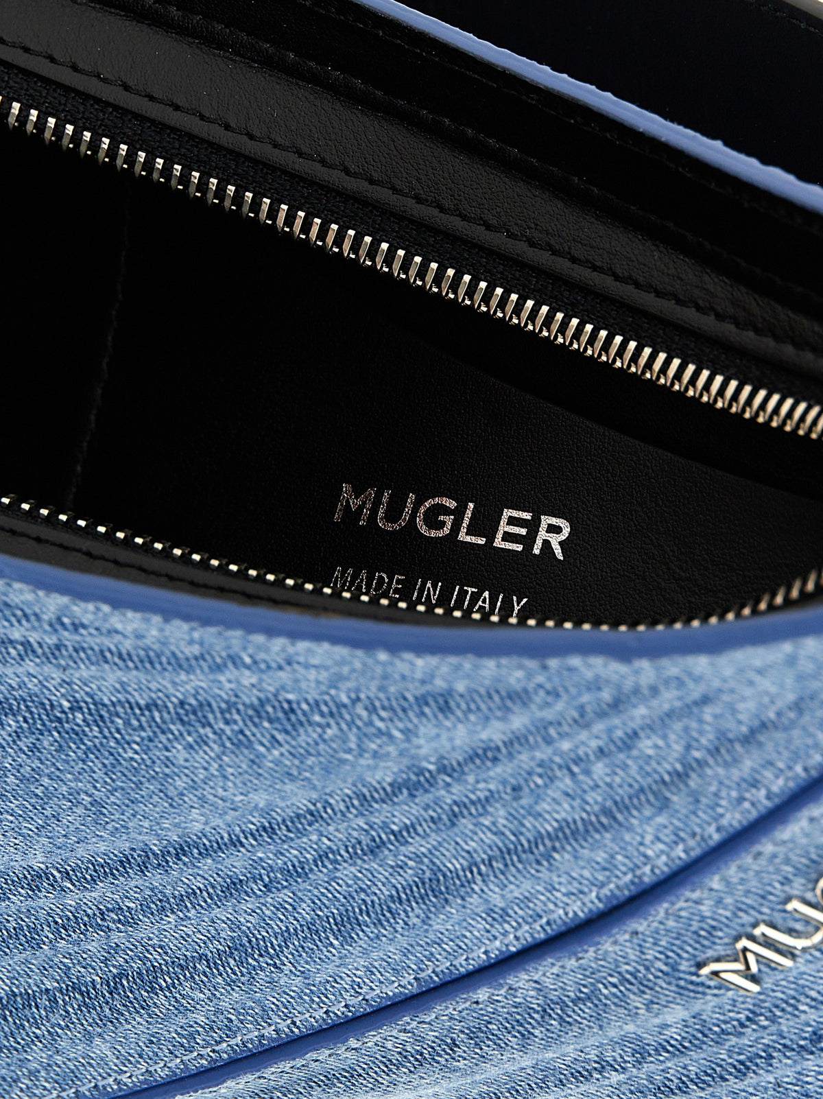 MUGLER Medium Denim Spiral Curve Shoulder Bag Blue, view 4