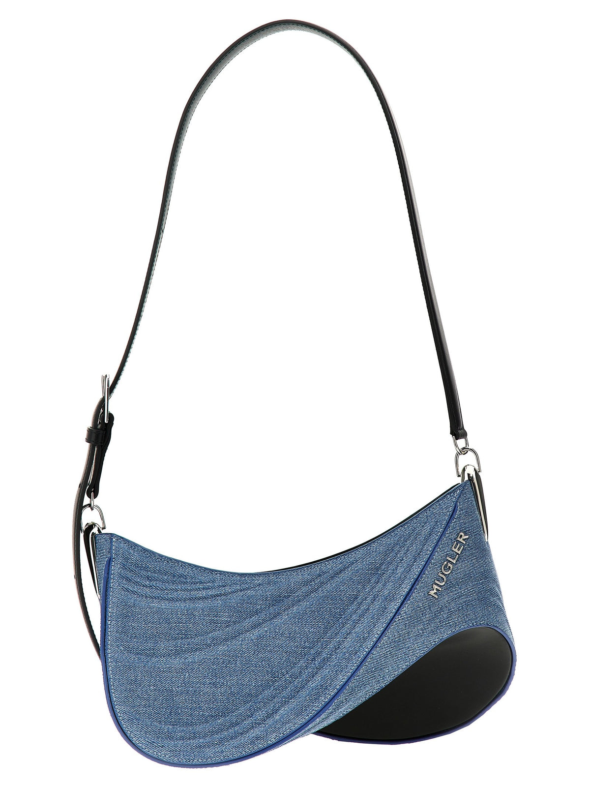MUGLER Medium Denim Spiral Curve Shoulder Bag Blue