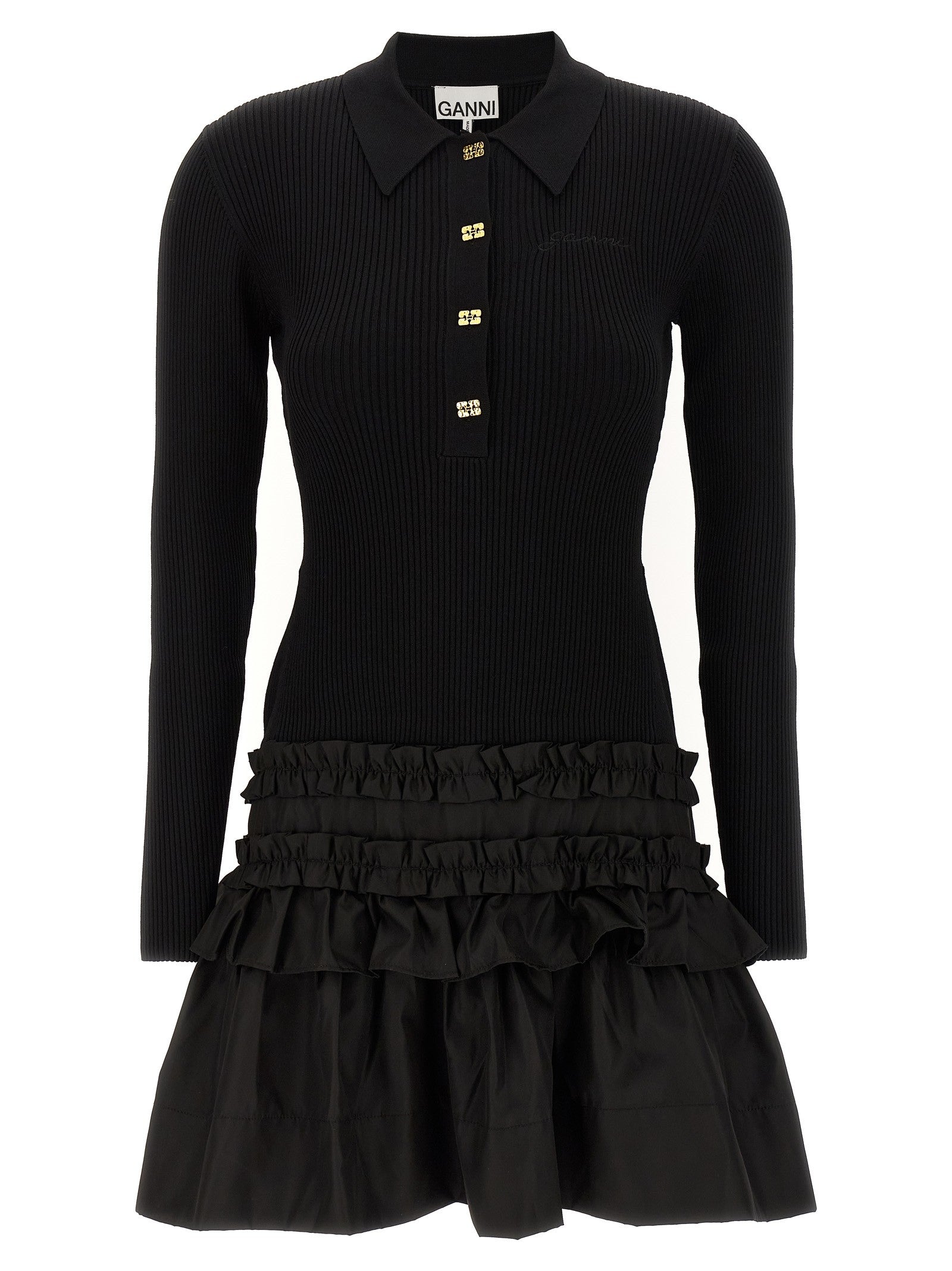 Ganni Melange Rib Knit Mini Dress Black