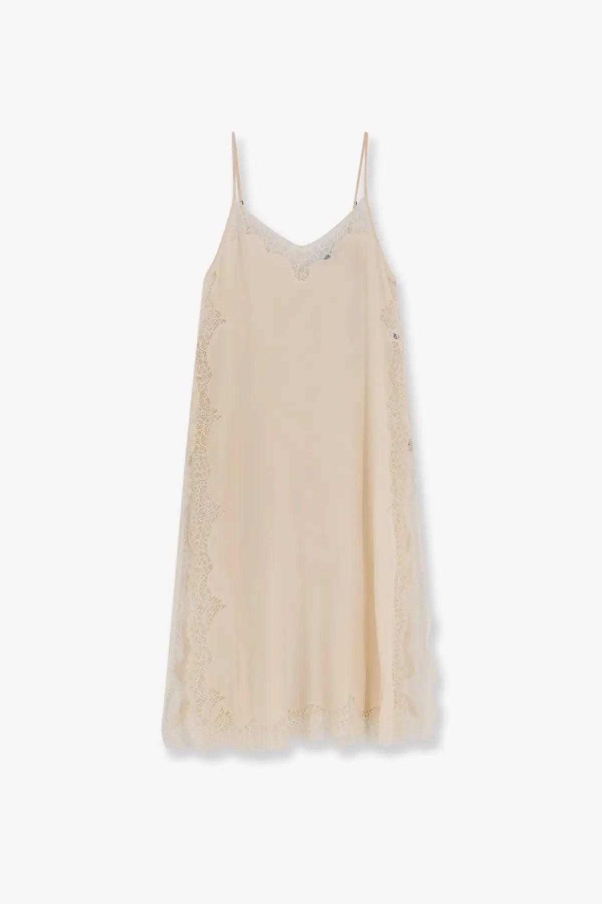 Mes Demoiselles women’s beige balma slip dress with delicate lace trim along sides and neckline