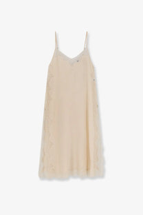 Mes Demoiselles women’s beige balma slip dress with delicate lace trim along sides and neckline