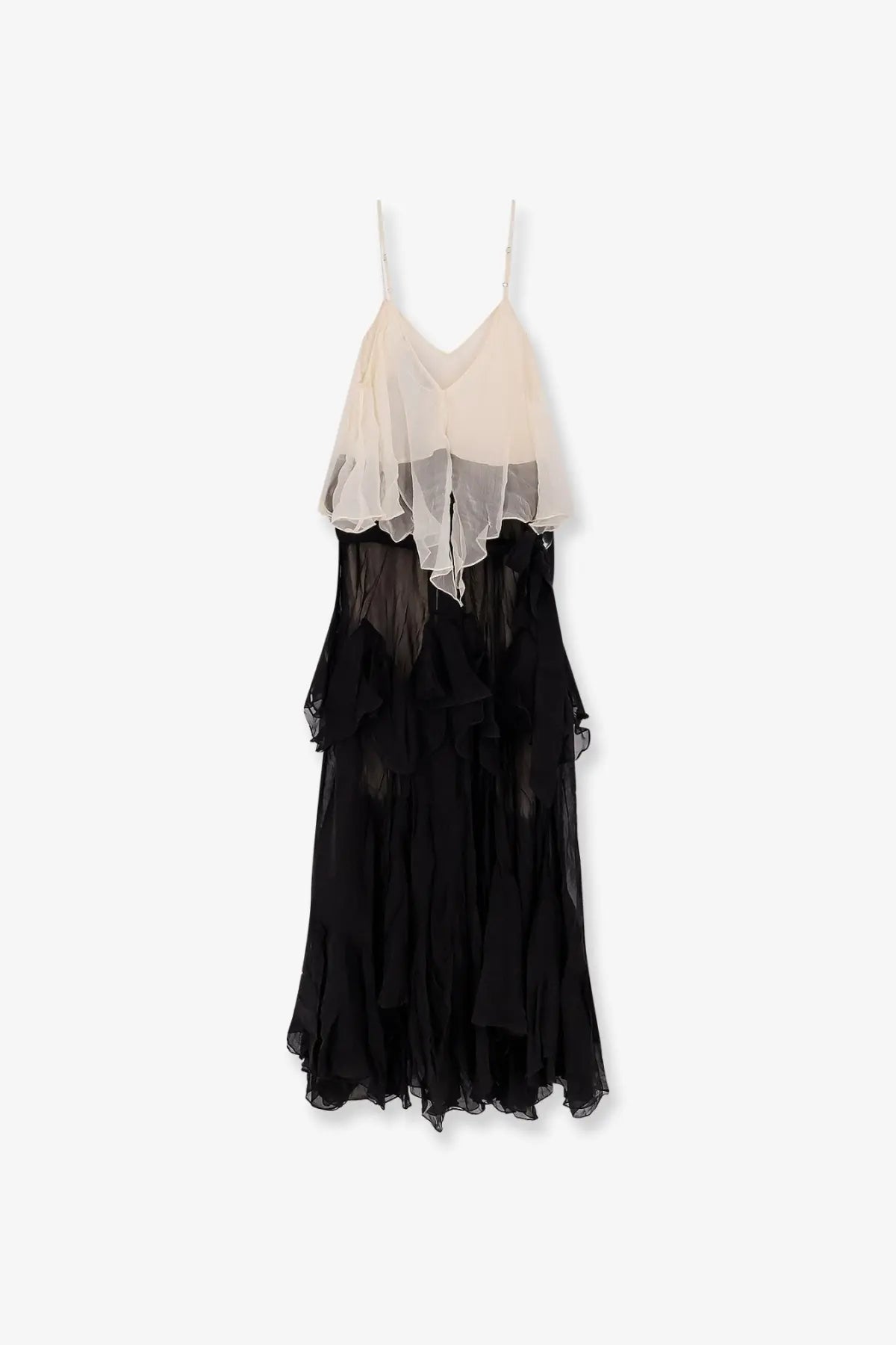 Mes Demoiselles women’s Belvy long viscose dress in black featuring a black sheer ruffled dress with cream and black layered translucent top