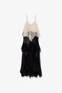 Mes Demoiselles women’s Belvy long viscose dress in black featuring a black sheer ruffled dress with cream and black layered translucent top