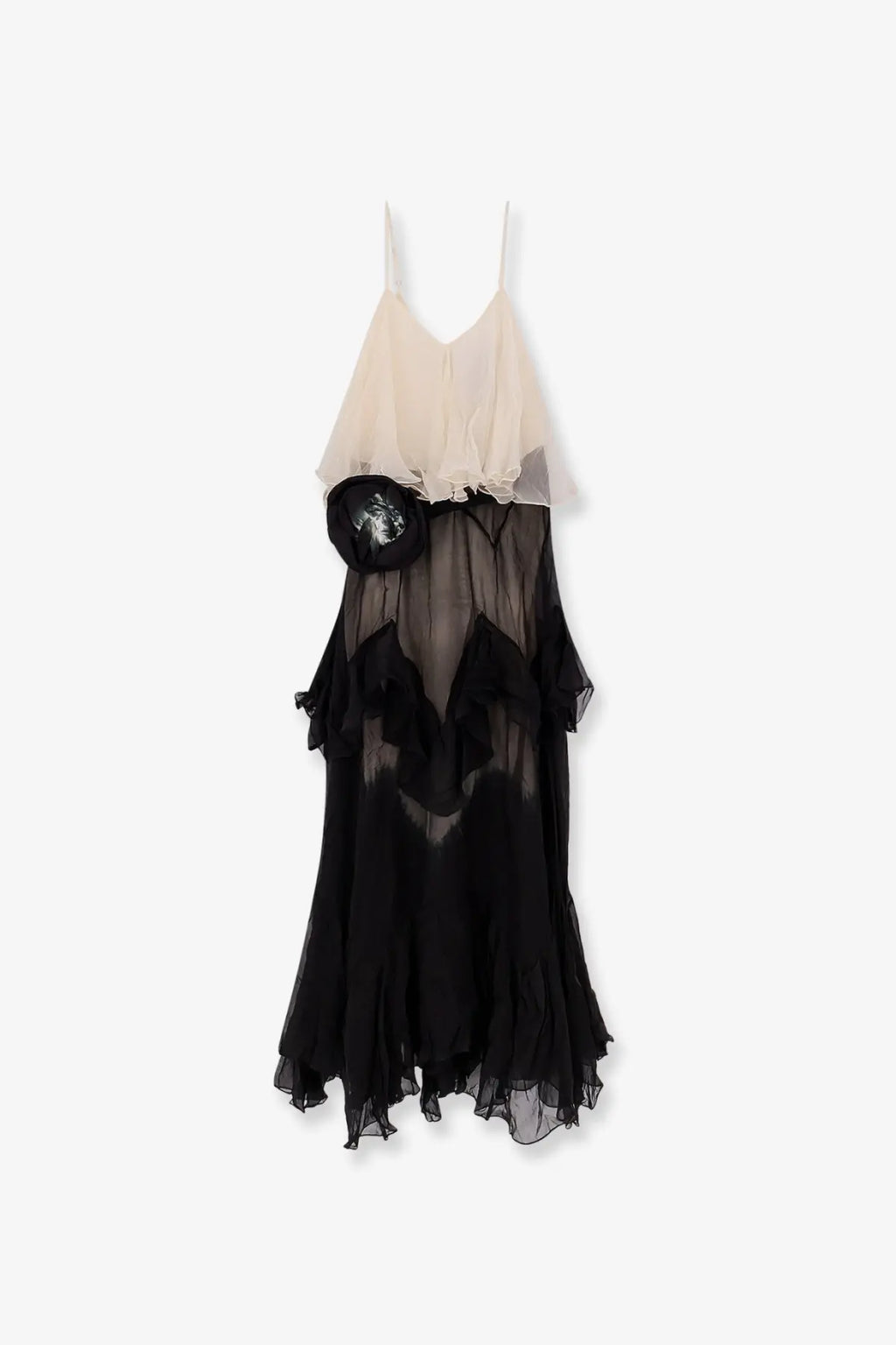 Mes Demoiselles women’s belvy long viscose dress black sheer tiered with cream ruffled top and decorative side embellishment