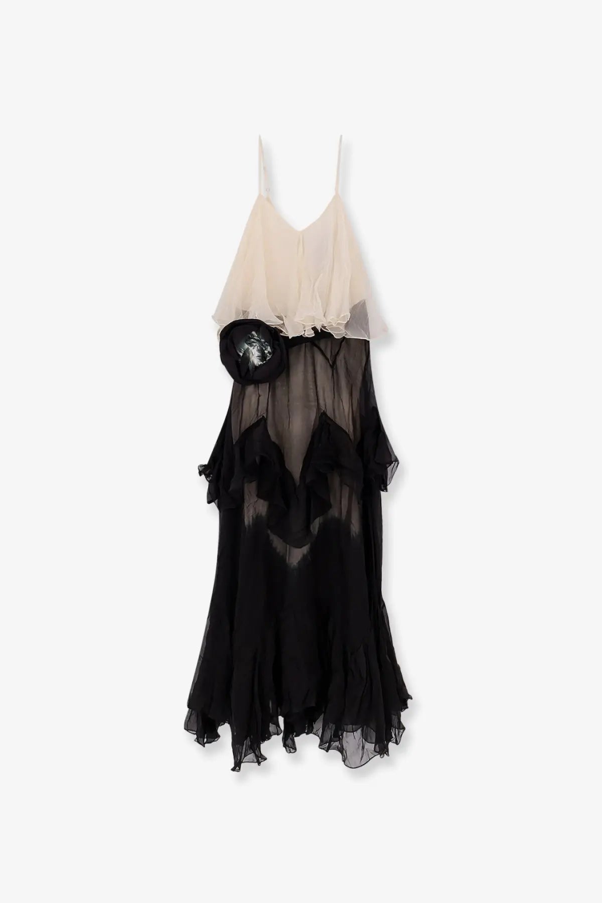 Mes Demoiselles women’s belvy long viscose dress black sheer tiered with cream ruffled top and decorative side embellishment
