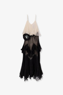 Mes Demoiselles women’s belvy long viscose dress black sheer tiered with cream ruffled top and decorative side embellishment