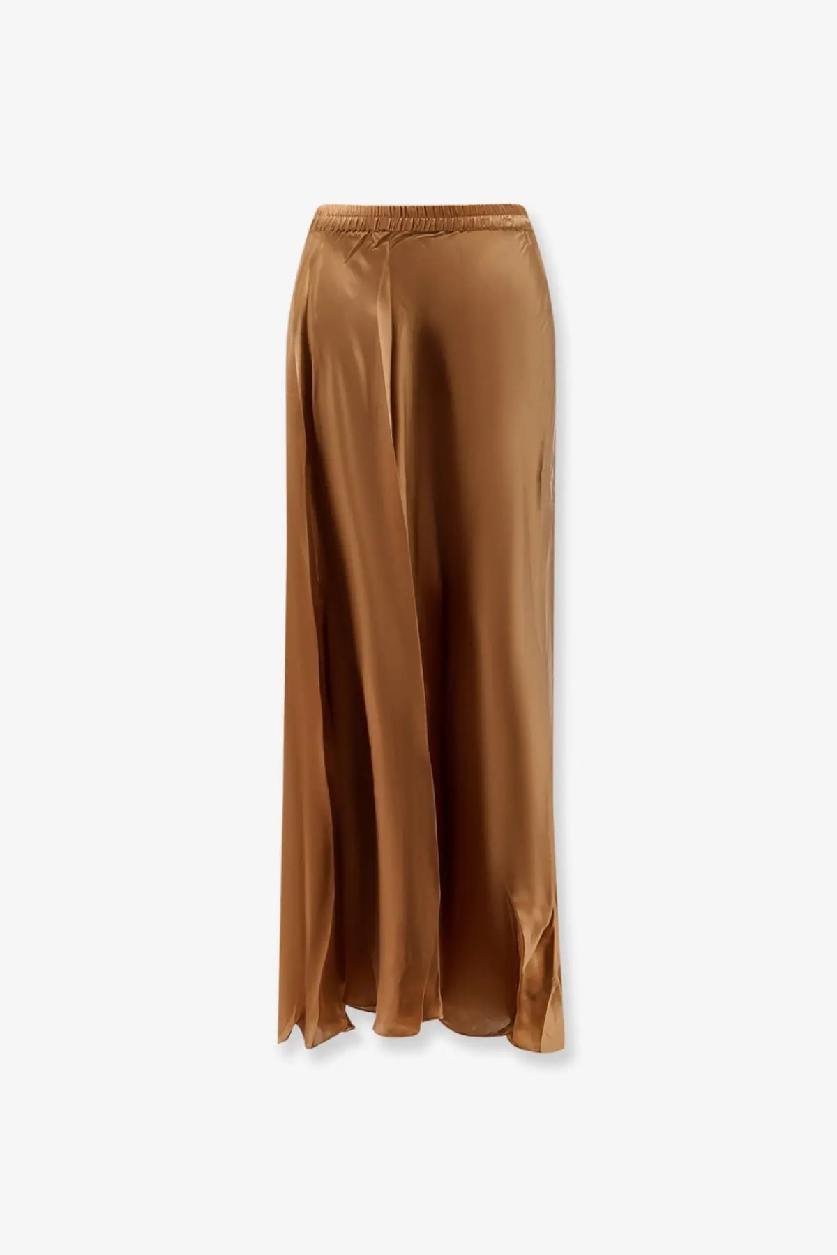 Mes demoiselles women’s calista satin maxi skirt in caramel beige with elastic waistband and side slit