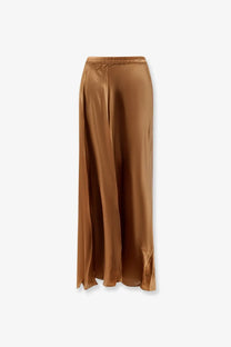 Mes demoiselles women’s calista satin maxi skirt in caramel beige with elastic waistband and side slit
