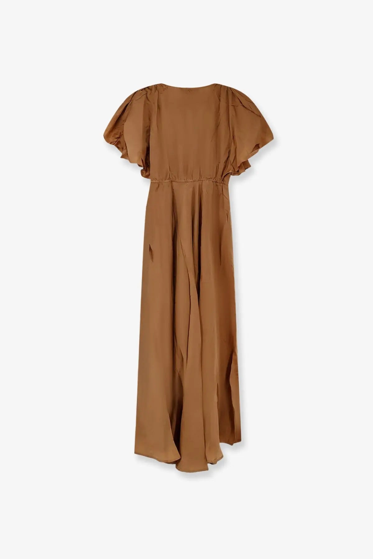 Mes demoiselles women’s cascais long viscose dress in caramel beige with puffed sleeves and gathered waist