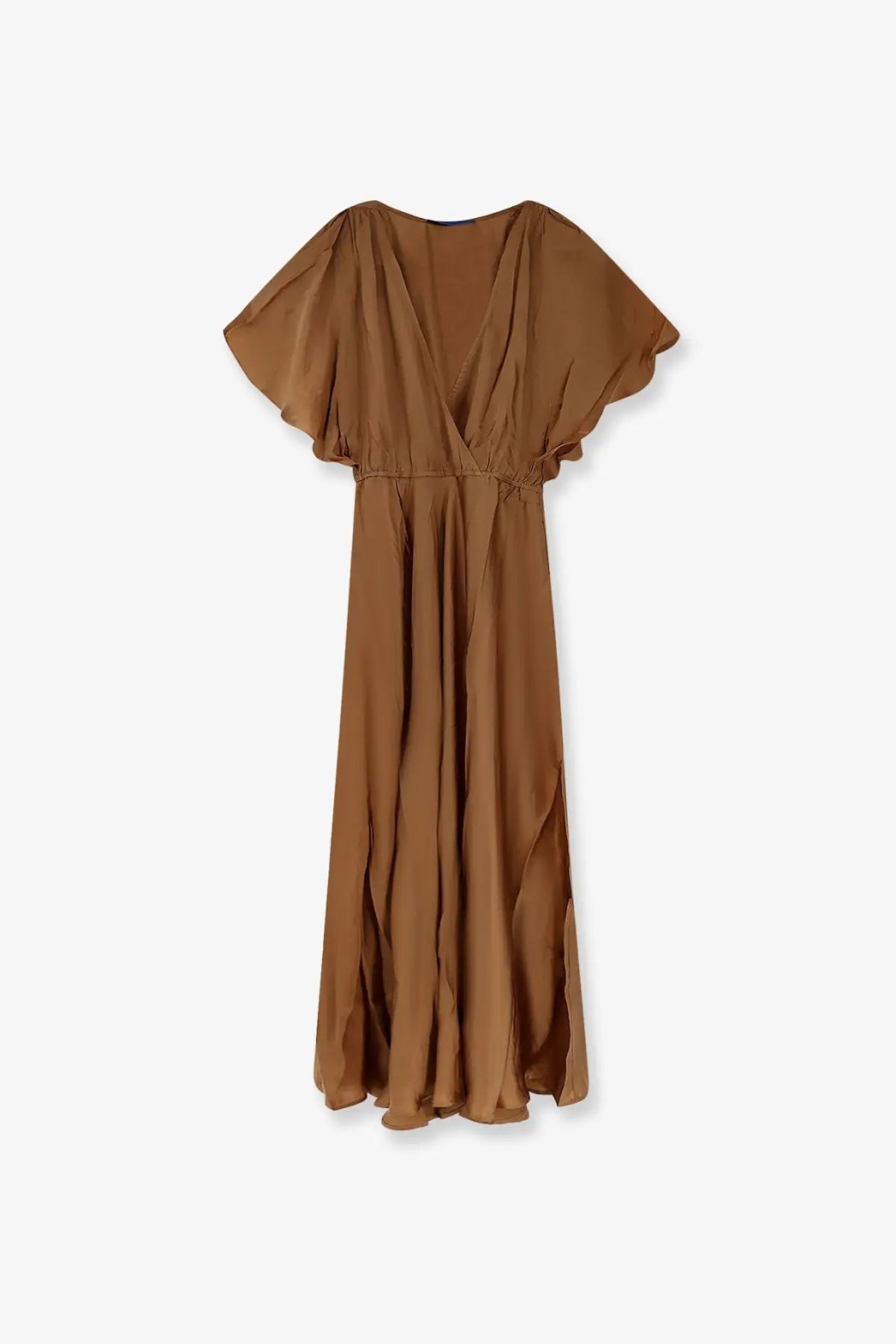 Mes demoiselles women’s cascais long viscose dress in beige with v-neckline flutter sleeves and flowing earthy brown silk details