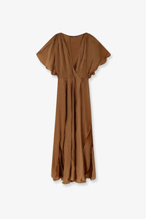 Mes demoiselles women’s cascais long viscose dress in beige with v-neckline flutter sleeves and flowing earthy brown silk details