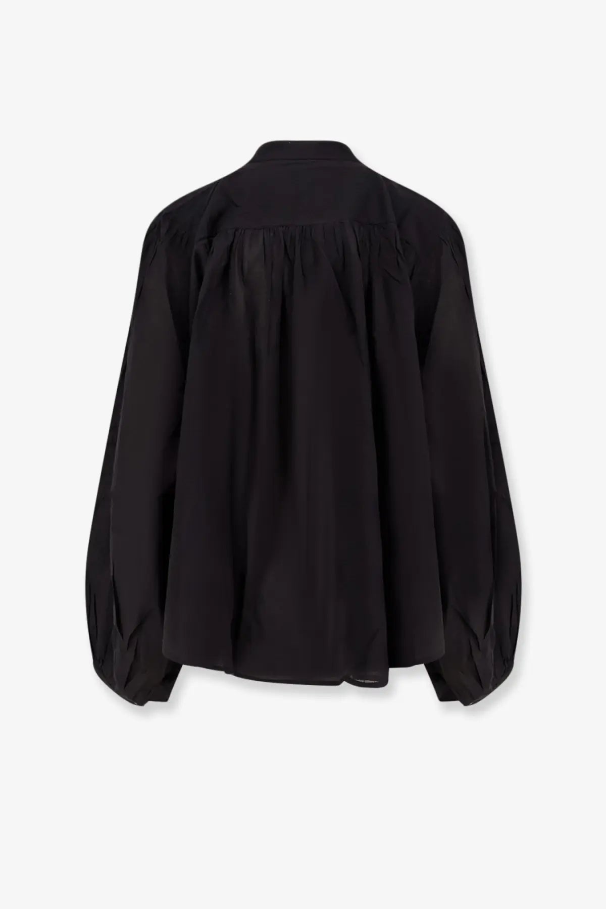 Black cotton mes demoiselles celeste shirt with gathered back and voluminous sleeves shown from the back side