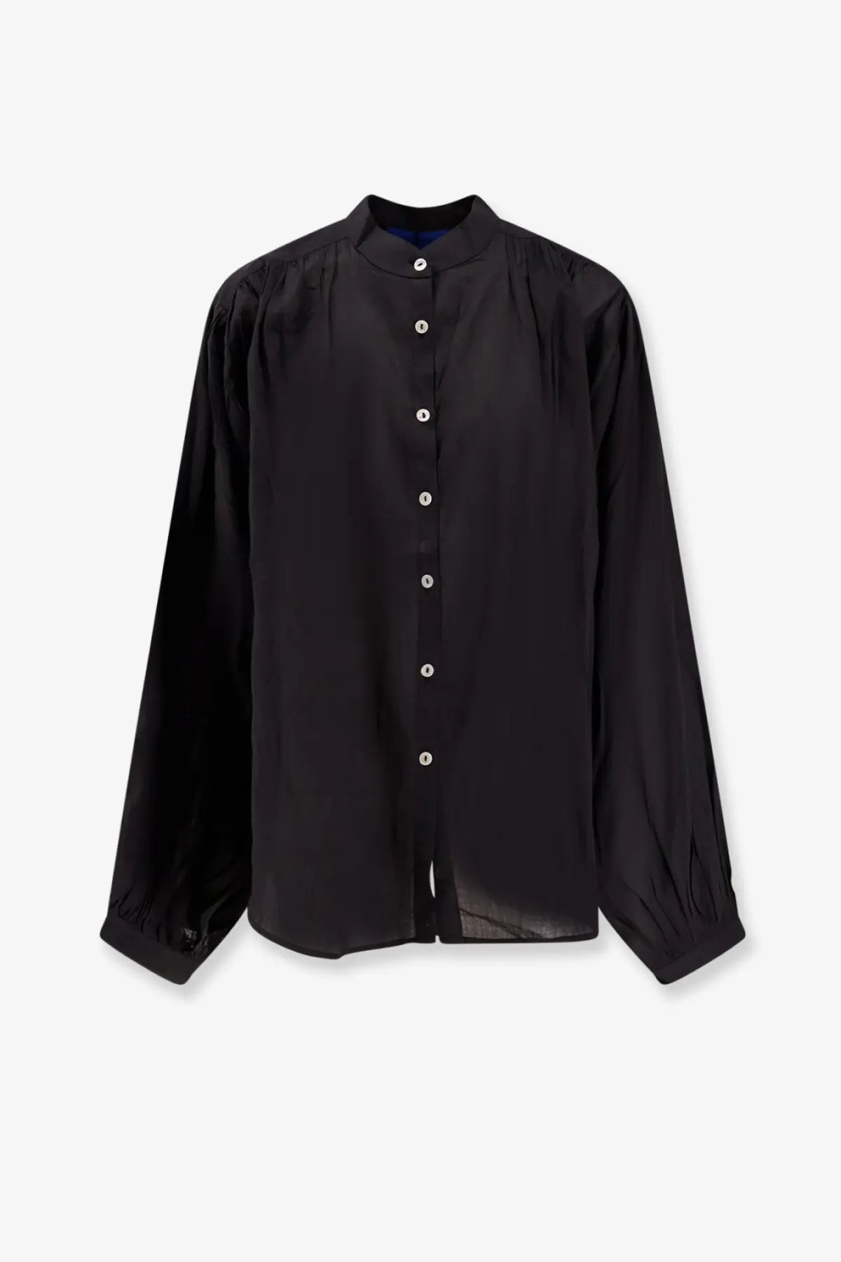 Black satin blouse with stand-up collar and white buttons from mes demoiselles womens celeste cotton shirt black collection