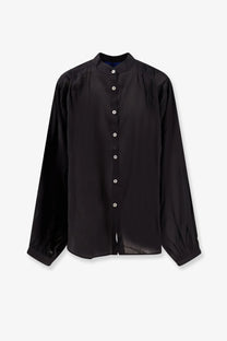 Black satin blouse with stand-up collar and white buttons from mes demoiselles womens celeste cotton shirt black collection