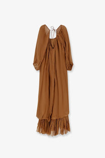 Mes demoiselles women’s crash long viscose dress beige flowing earthy brown with long puffed sleeves and ruffled hem