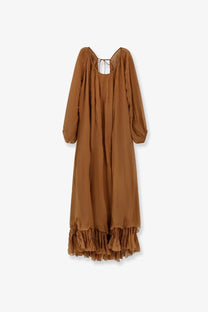 Mes demoiselles women’s crash long viscose dress beige with flowing long sleeves ruffled hem and gathered neckline