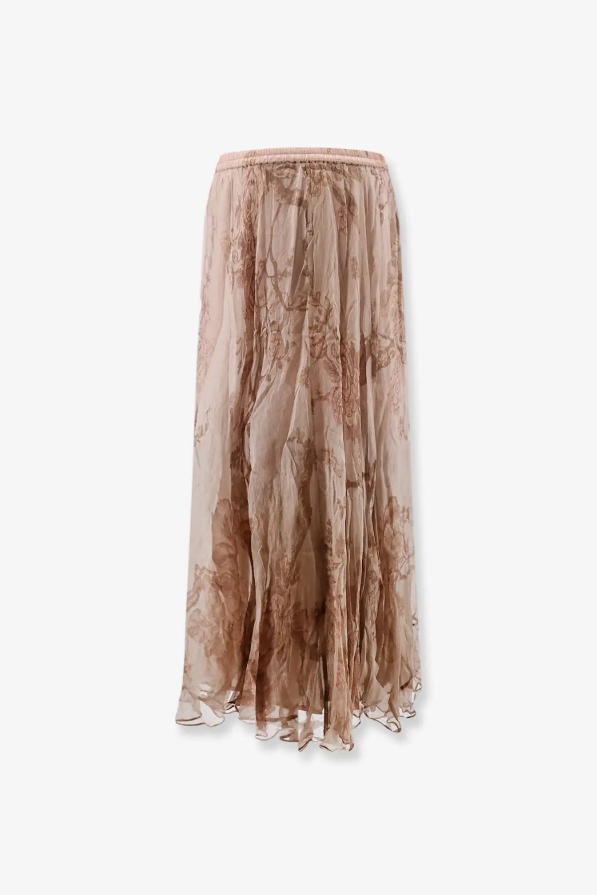 Mes demoiselles women’s gigi chiffon skirt in beige with a flowing sheer midi length and subtle floral pattern elastic waistband
