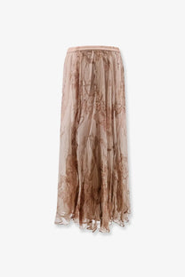 Mes demoiselles women’s gigi chiffon skirt in beige with a flowing sheer midi length and subtle floral pattern elastic waistband
