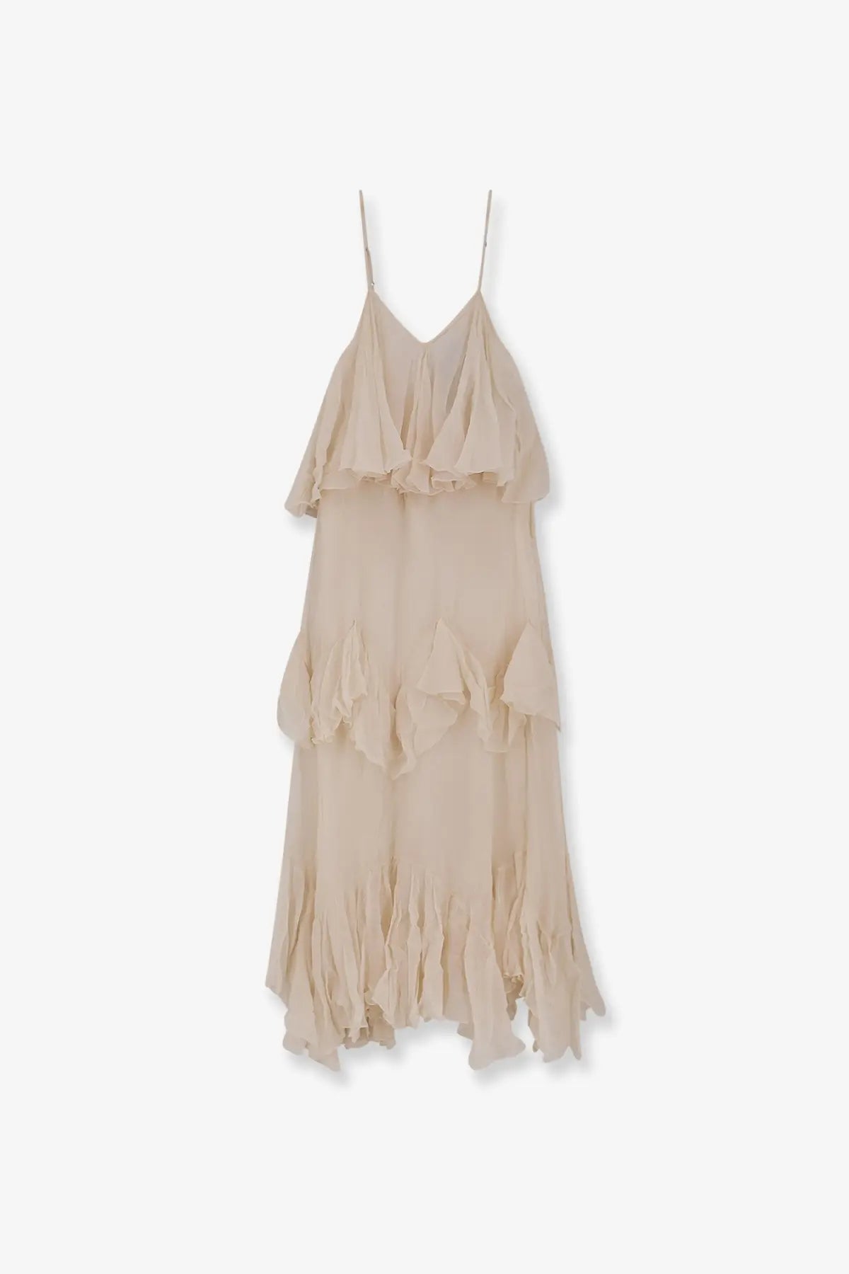 Mes Demoiselles women’s vestito lungo in viscosa white beige tiered chiffon slip dress with ruffled layers and thin straps