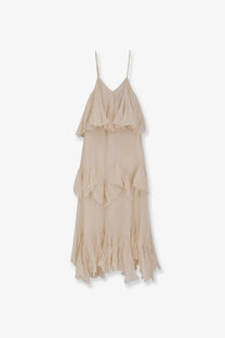 Mes Demoiselles women’s vestito lungo in viscosa white beige tiered chiffon slip dress with ruffled layers and thin straps