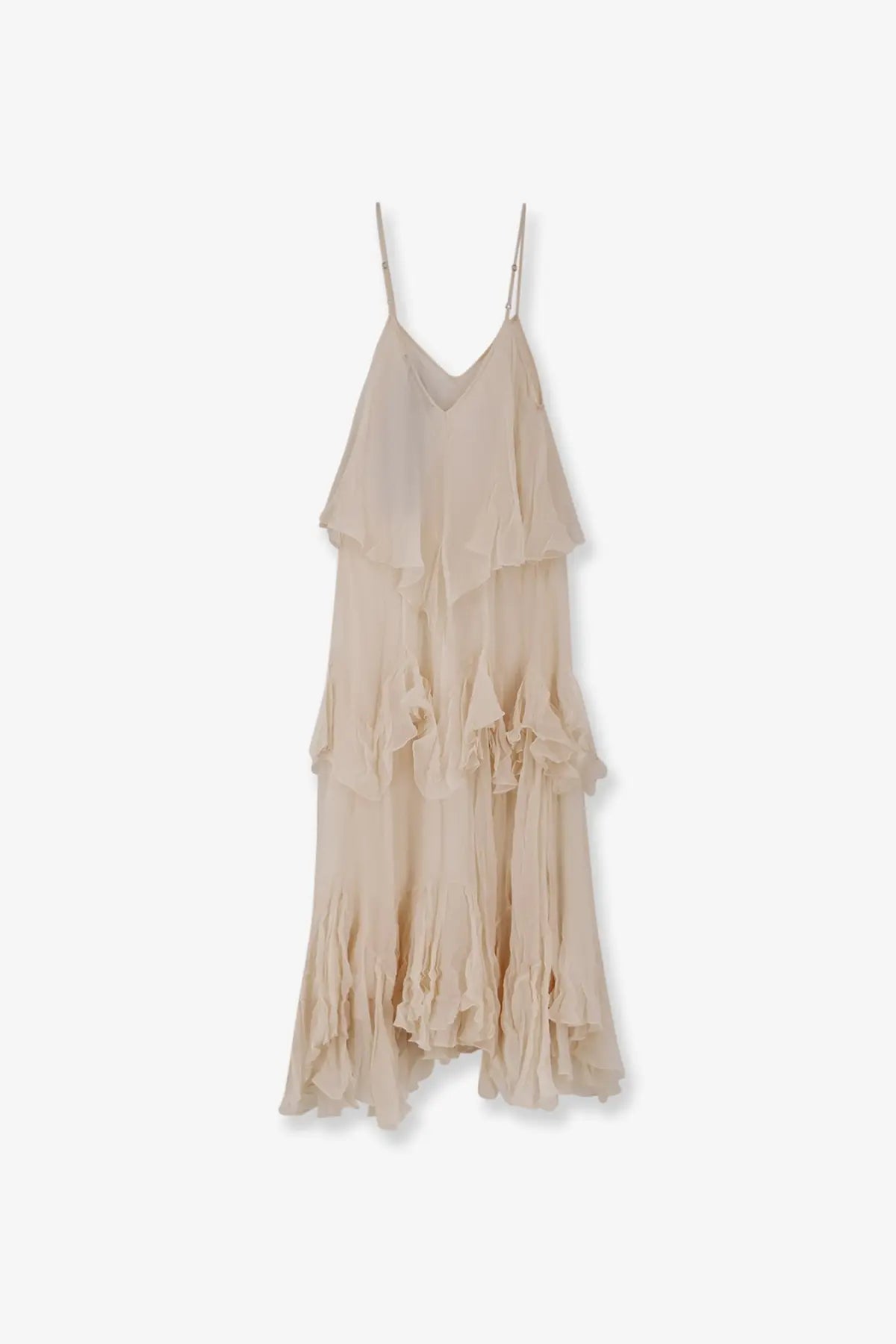 Mes demoiselles women’s vestito lungo viscosa white flowing beige tiered maxi dress with delicate spaghetti straps and ruffles