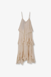 Mes demoiselles women’s vestito lungo viscosa white flowing beige tiered maxi dress with delicate spaghetti straps and ruffles