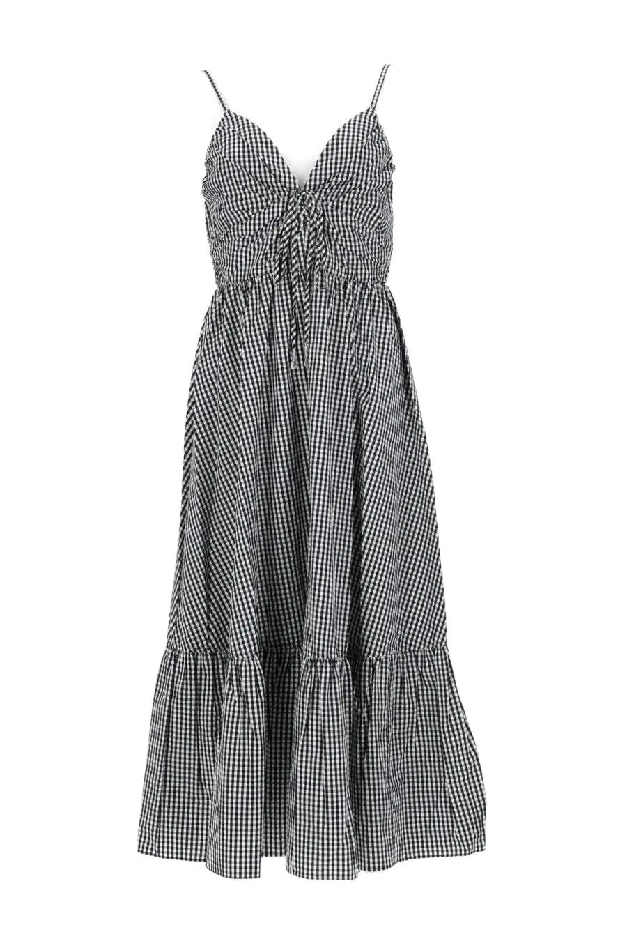 Michael Kors women’s abito longuette black gingham cotton maxi dress with ruched bodice and tiered skirt