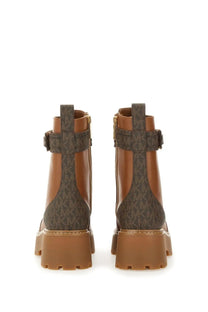 Brown leather michael kors women’s amphibious boot mandy beige with dark brown mk logo pattern and gold-tone zippers