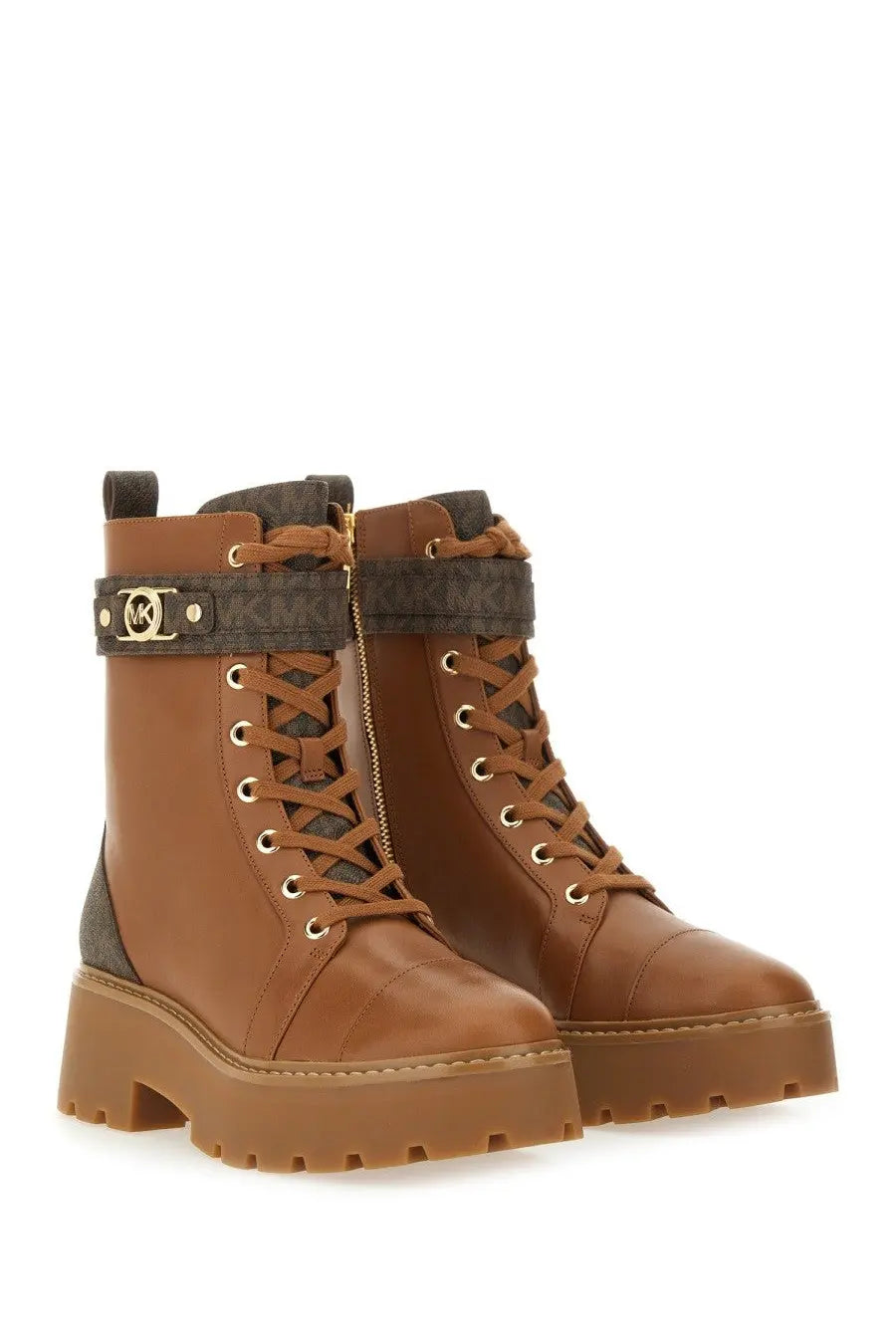 Michael Kors women’s amphibious boot Mandy beige brown leather combat boots with chunky sole and dark brown strap