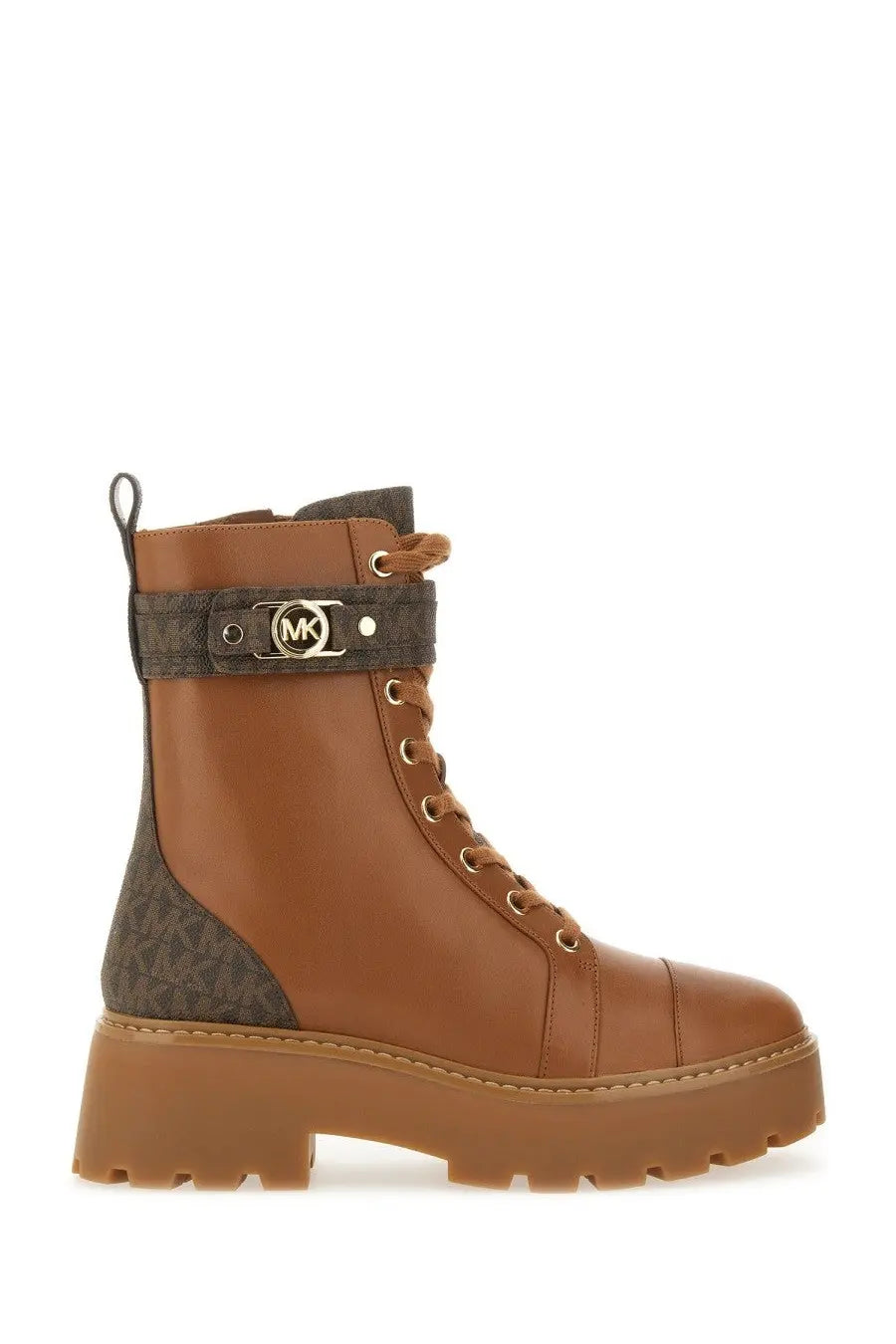 Michael Kors women’s amphibious boot Mandy beige brown leather with dark patterned panel gold-tone laces and logo strap